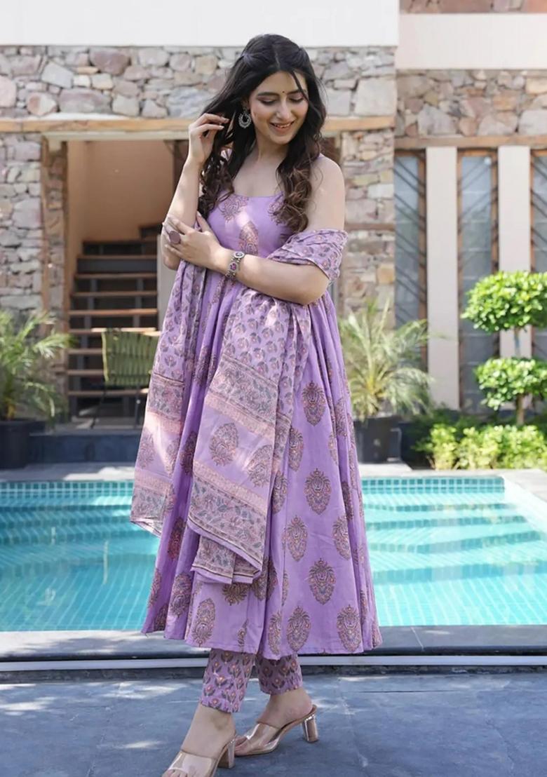 Lavender Printed Muslin Anarkali Set - Indya