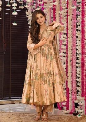 Peach Printed Muslin Anarkali Set