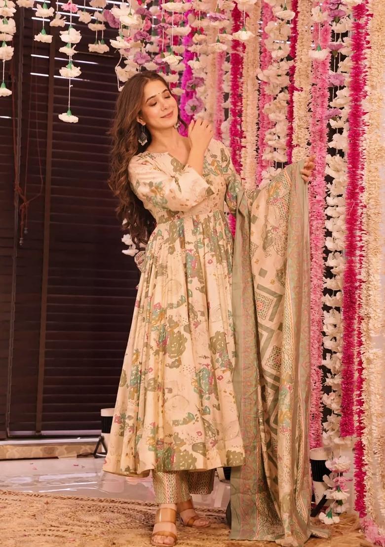 Peach Printed Muslin Anarkali Set - Indya