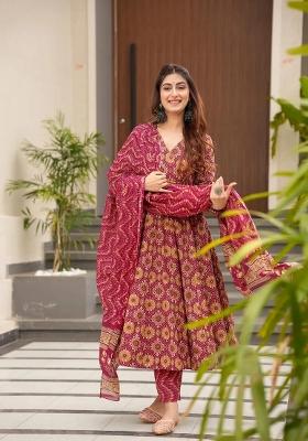 Maroon Printed Muslin Anarkali Set