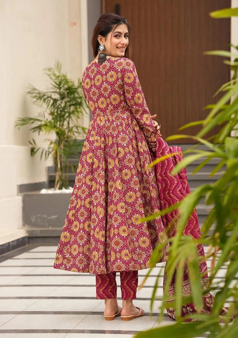 Maroon Printed Muslin Anarkali Set - Indya