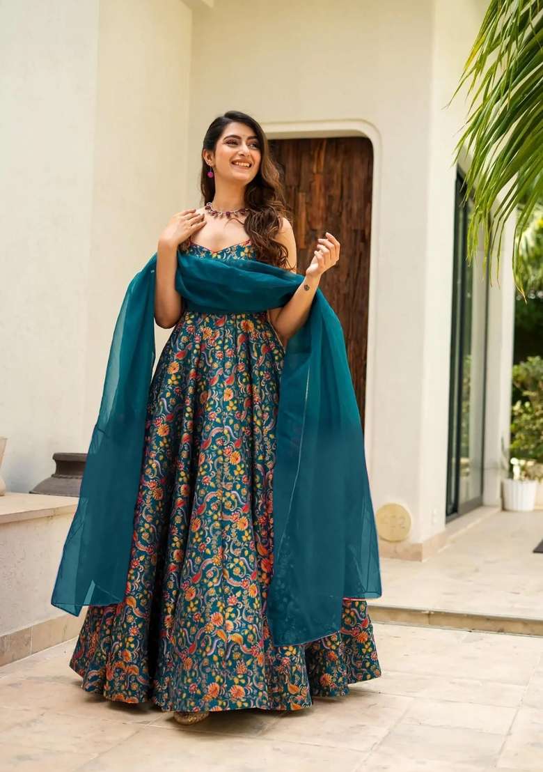 Multicolor Printed Silk Blend Anarkali With Dupatta - Indya