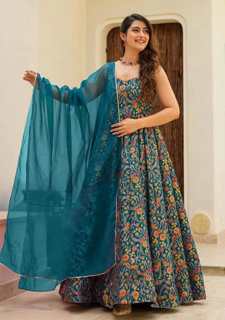 Multicolor Printed Silk Anarkali With Dupatta - Indya