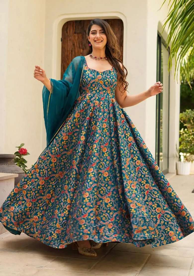 Multicolor Printed Silk Blend Anarkali With Dupatta - Indya