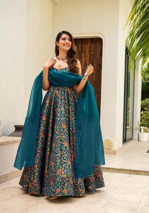 Multicolor Printed Silk Anarkali With Dupatta