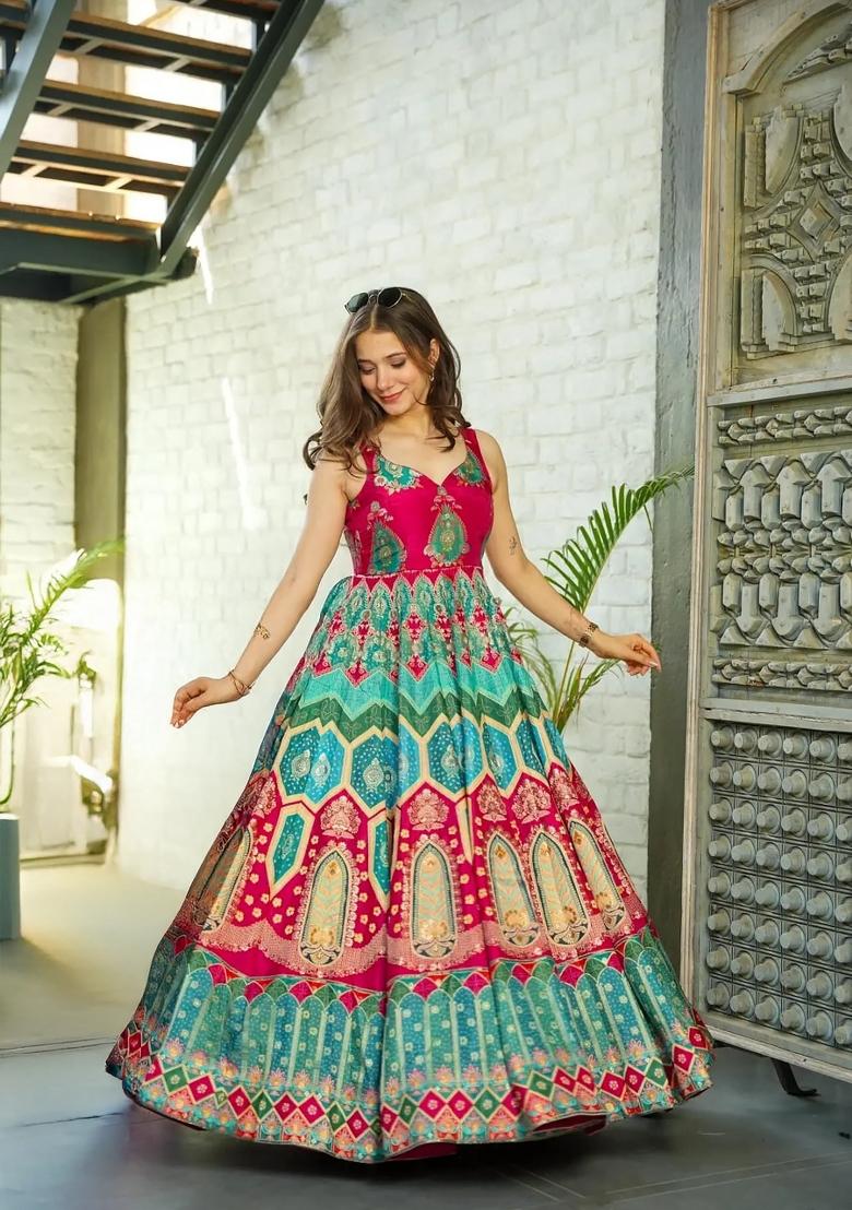 Multicolor Printed Silk Anarkali With Dupatta - Indya
