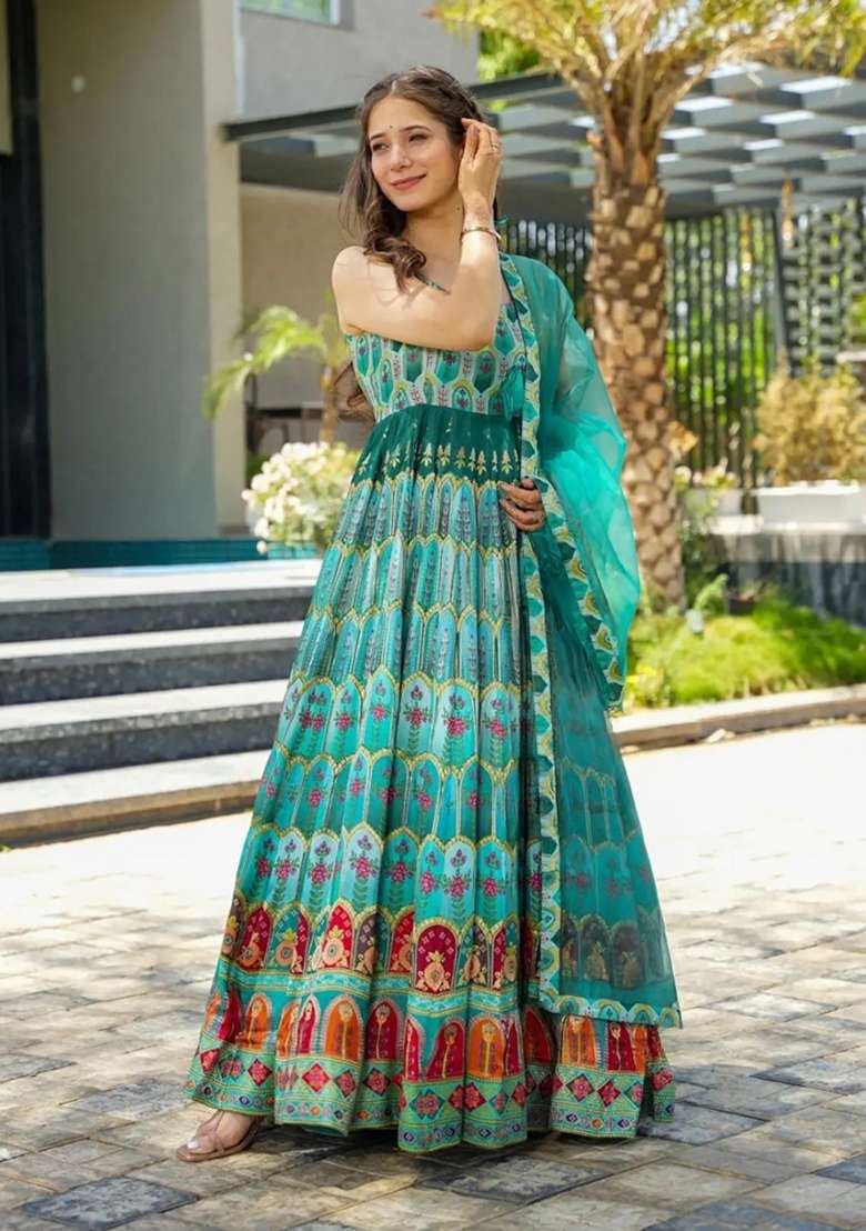 Multicolor Printed Silk Blend Anarkali With Dupatta - Indya
