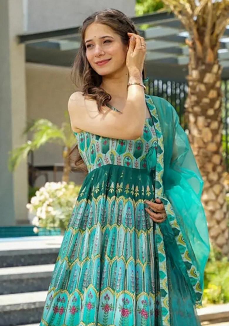 Multicolor Printed Silk Anarkali With Dupatta - Indya