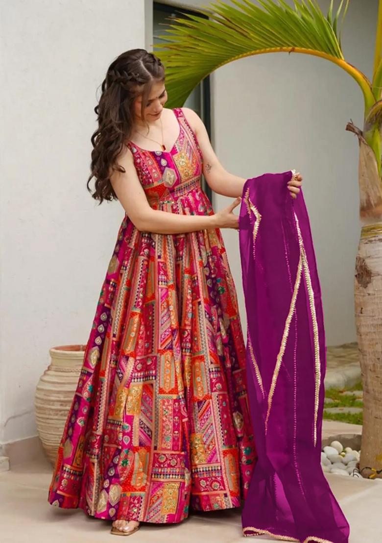 Multicolor Printed Silk Anarkali With Dupatta - Indya