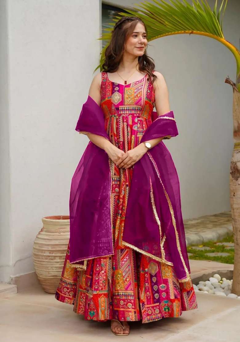 Multicolor Printed Silk Blend Anarkali With Dupatta - Indya