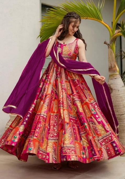 Multicolor Printed Silk Anarkali With Dupatta