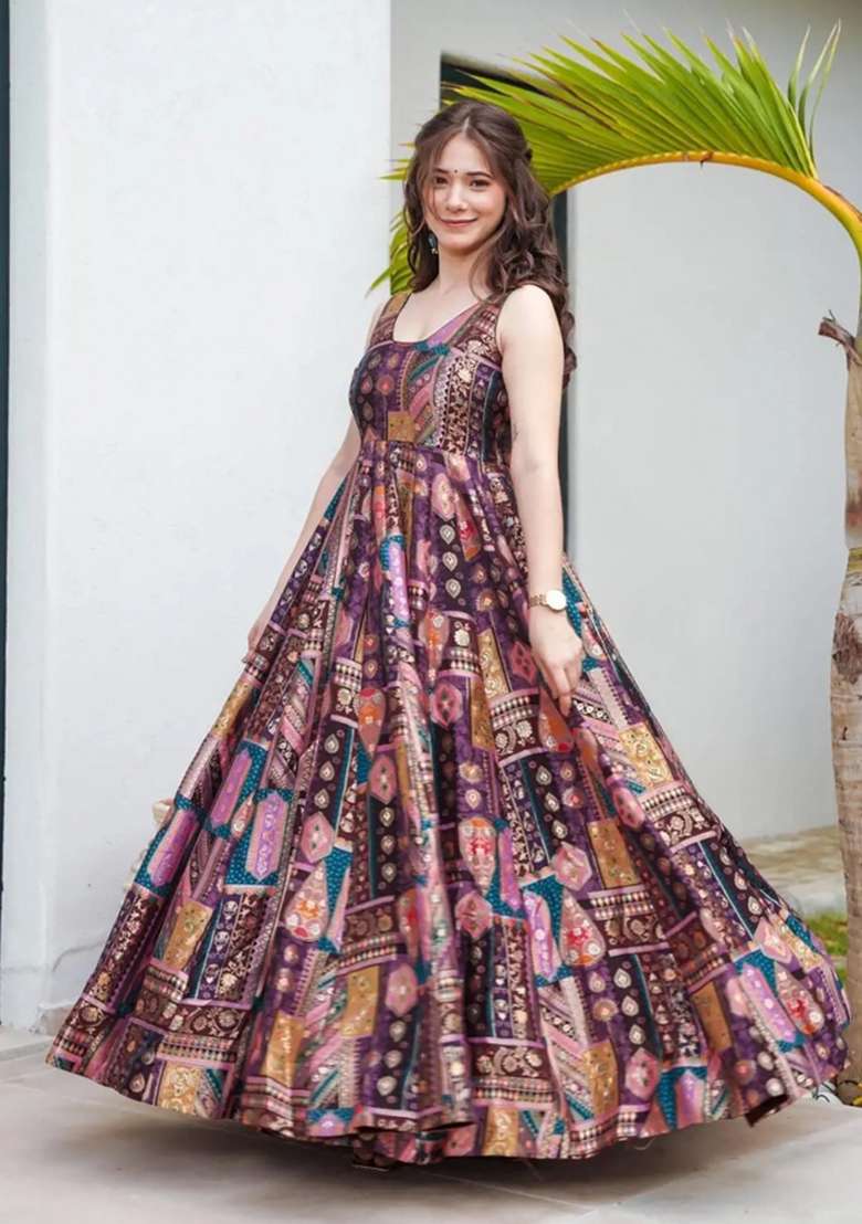 Multicolor Printed Silk Blend Anarkali With Dupatta - Indya