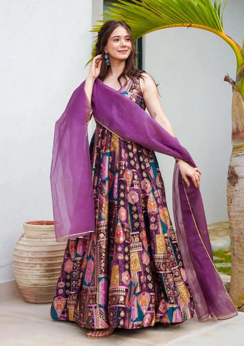 Multicolor Printed Silk Anarkali With Dupatta - Indya