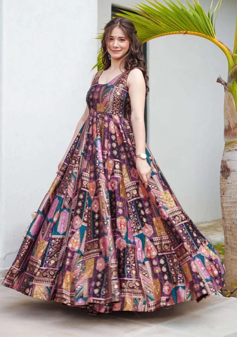 Multicolor Printed Silk Blend Anarkali With Dupatta - Indya