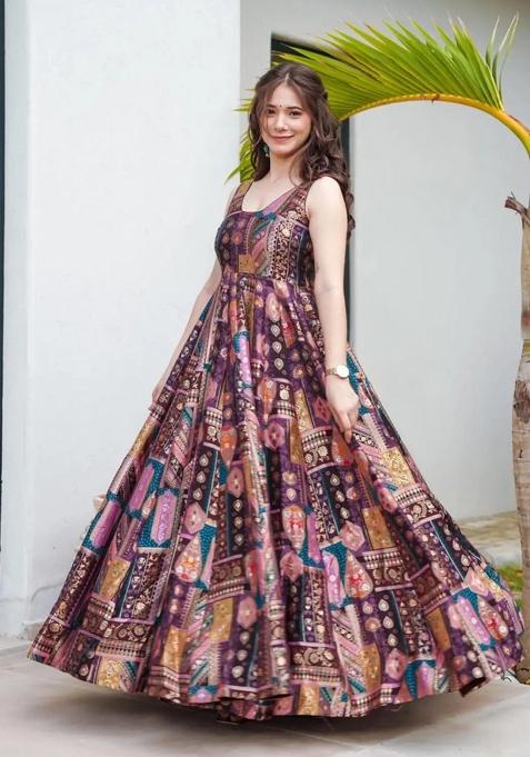 Multicolor Printed Silk Anarkali With Dupatta