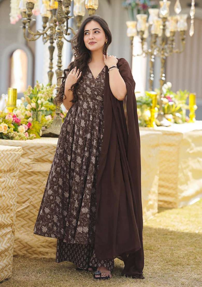 Brown Printed Muslin Anarkali Set - Indya