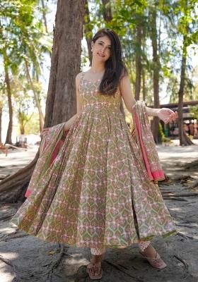 Green Printed Muslin Anarkali Set