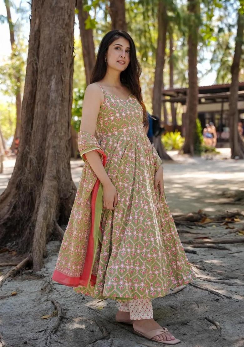 Green Printed Muslin Anarkali Set - Indya