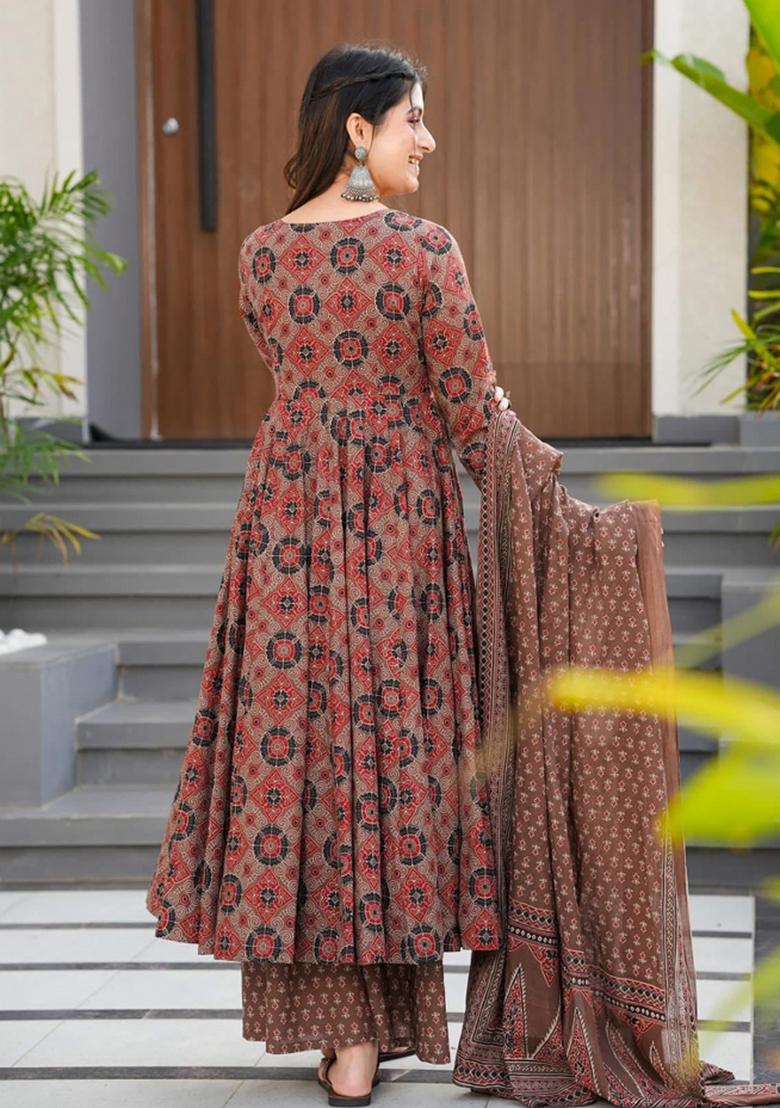 Brown And Red Printed Muslin Anarkali Set - Indya