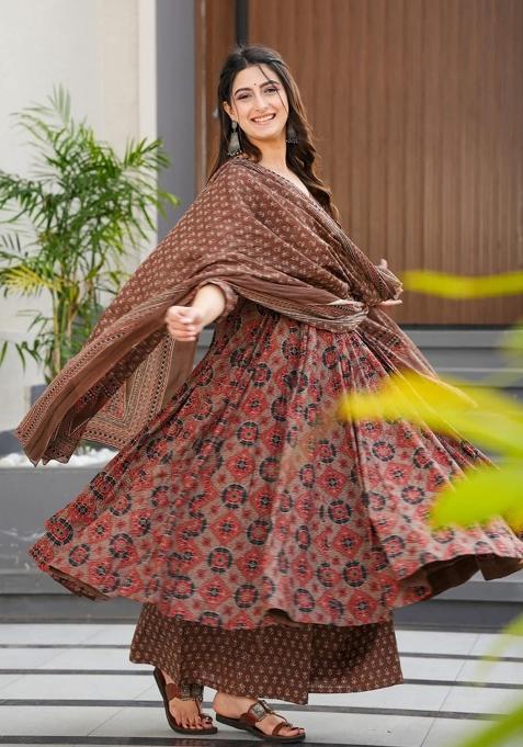 Brown And Red Printed Muslin Anarkali Set
