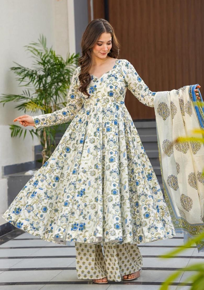 White And Sky Blue Printed Muslin Anarkali Set - Indya