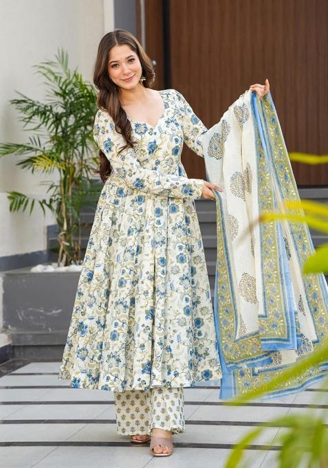 White And Sky Blue Printed Muslin Anarkali Set