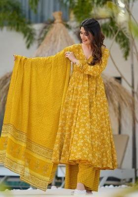 Yellow Printed Muslin Anarkali Set