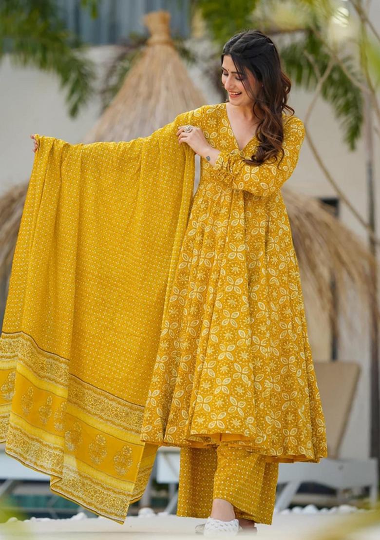 Yellow Printed Muslin Anarkali Set - Indya