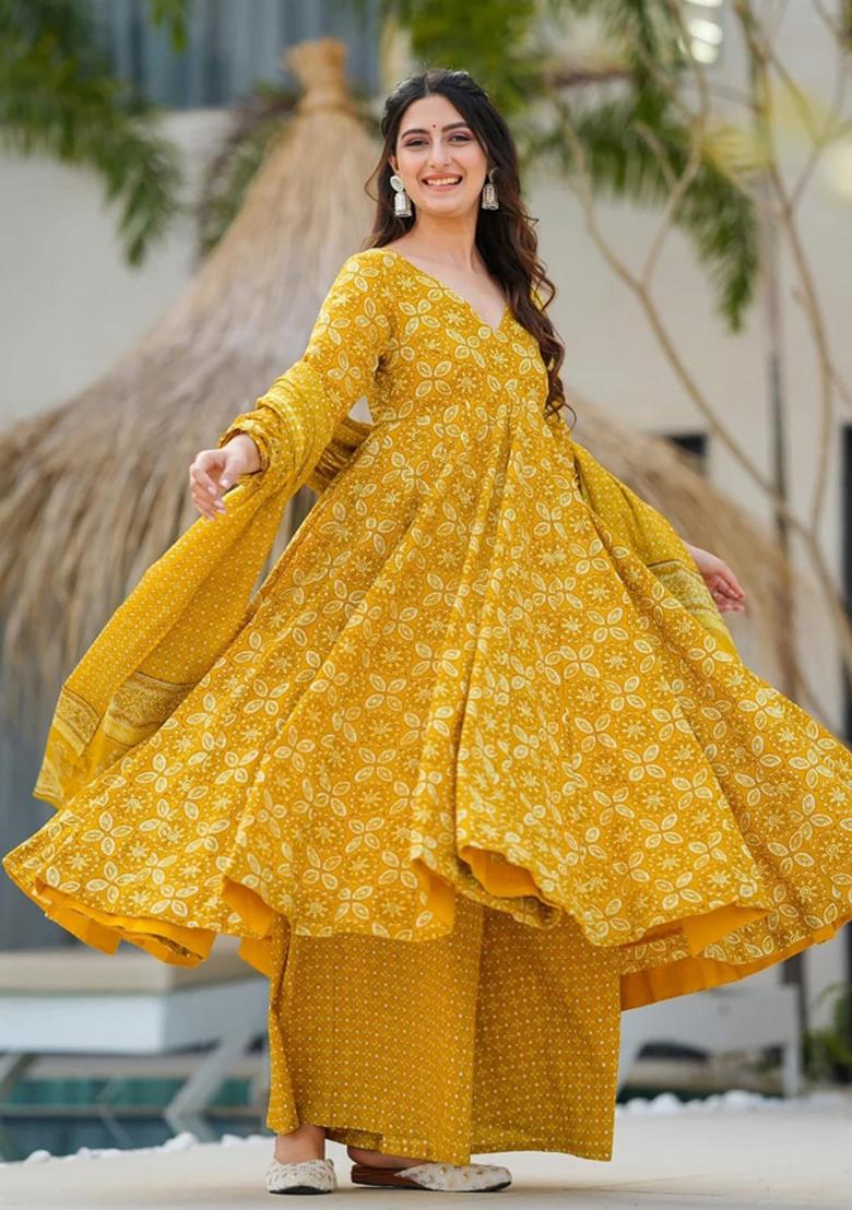 Yellow Printed Muslin Anarkali Set - Indya