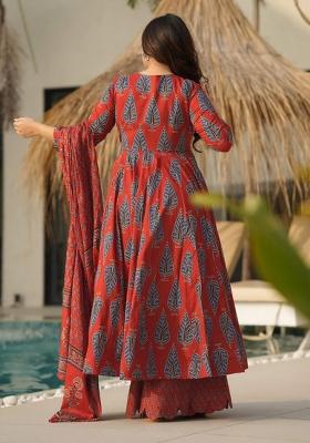 Red And Blue Printed Muslin Anarkali Set