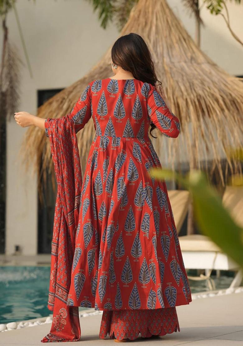 Red And Blue Printed Muslin Anarkali Set - Indya