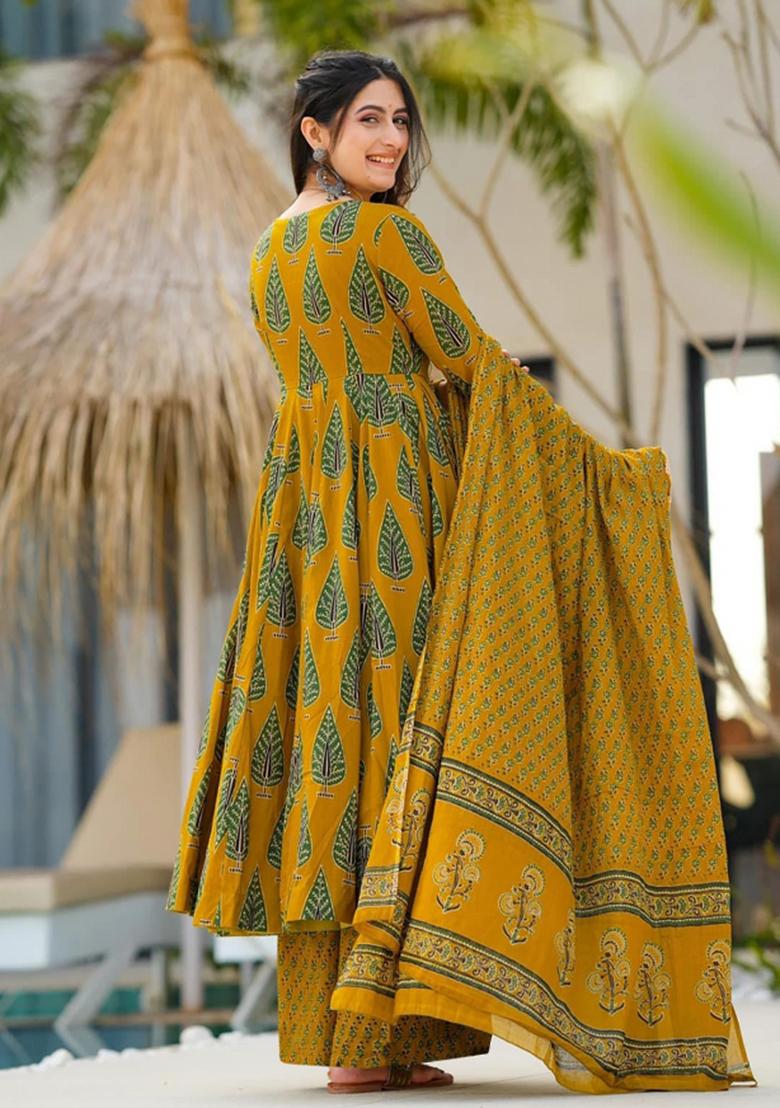 Yellow With Green Printed Muslin Anarkali Set - Indya