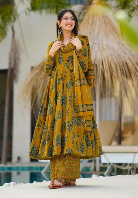 Yellow With Green Printed Muslin Anarkali Set