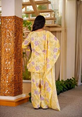 Yellow And Pruple Printed Cotton Anarkali Set
