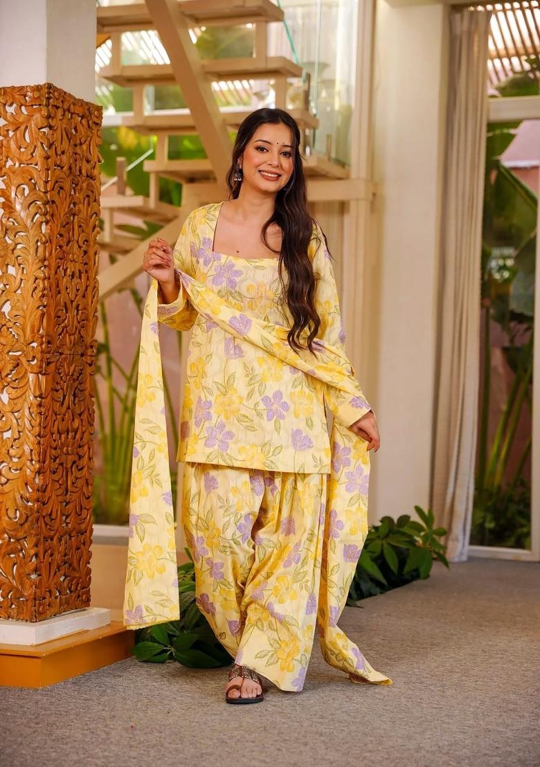 Yellow And Pruple Printed Cotton Anarkali Set - Indya