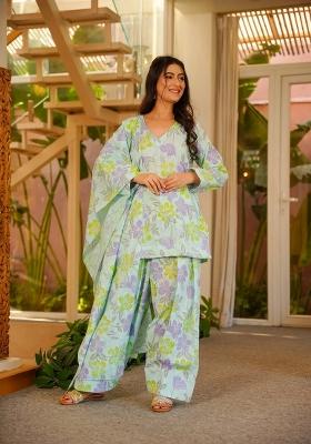 Light And Purple Printed Cotton Anarkali Set