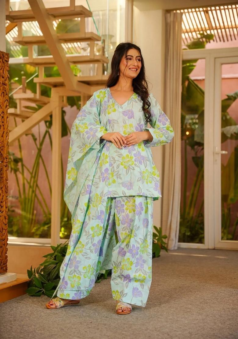 Light And Purple Printed Cotton Anarkali Set - Indya
