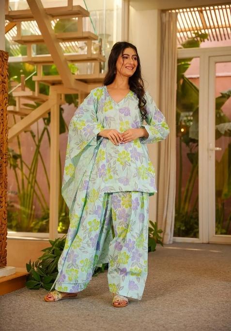 Light And Purple Printed Cotton Anarkali Set