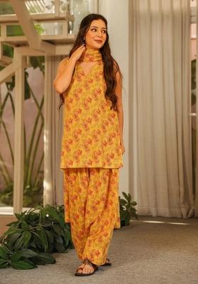 Orange Printed Cotton Anarkali Set