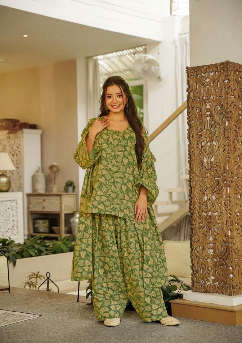 Green Printed Cotton Anarkali Set - Indya