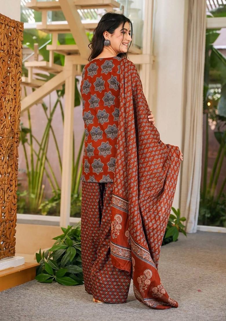 Maroon Printed Cotton Anarkali Set - Indya