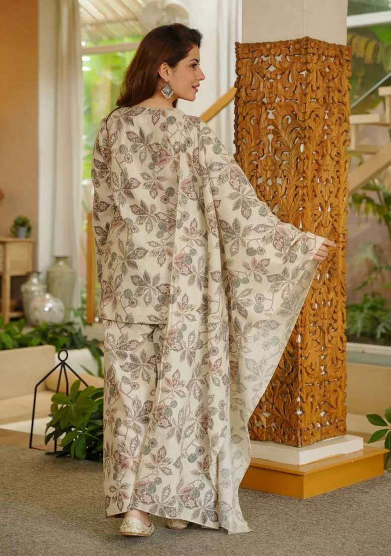 Light Grey Printed Cotton Anarkali Set - Indya