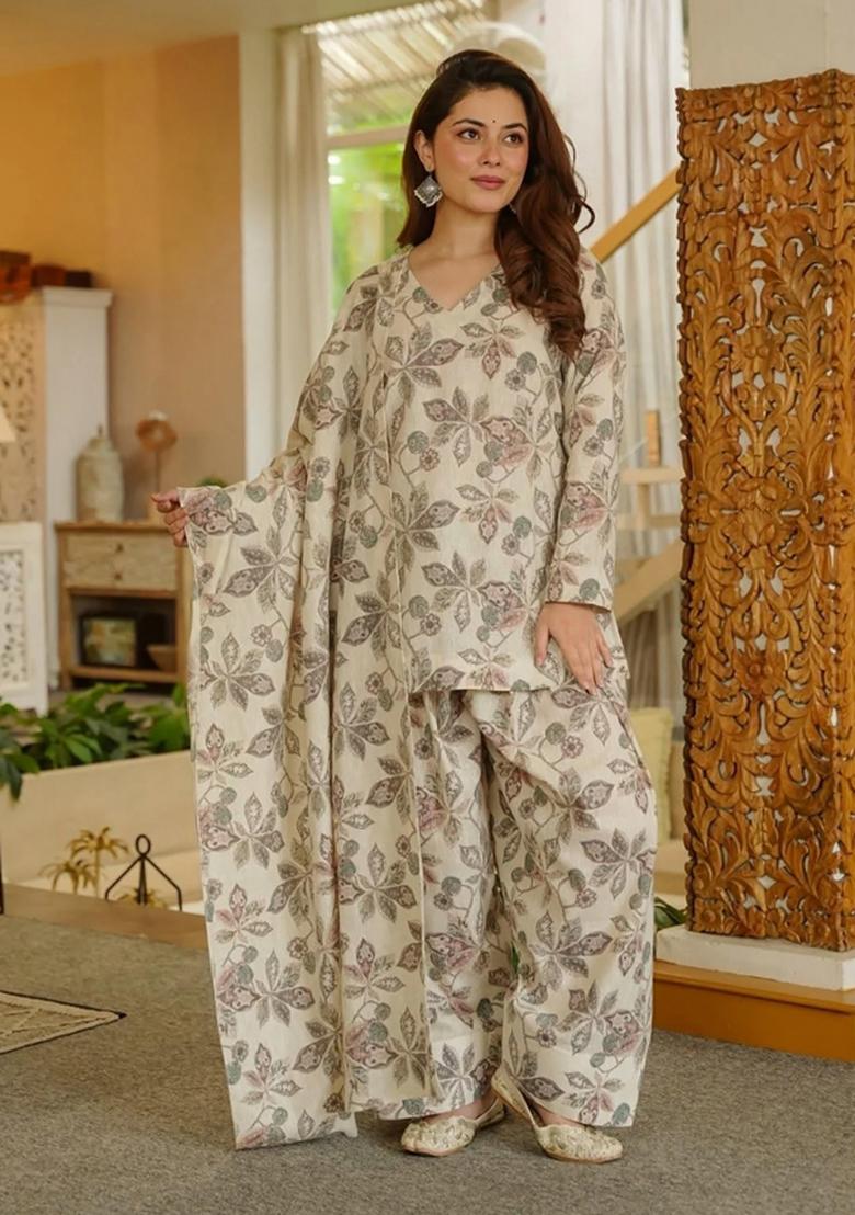 Light Grey Printed Cotton Anarkali Set - Indya