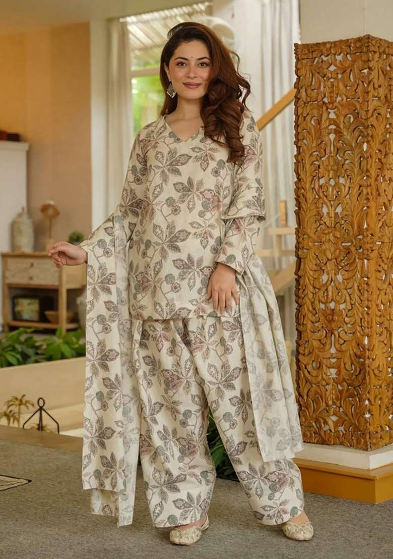 Light Grey Printed Cotton Anarkali Set - Indya