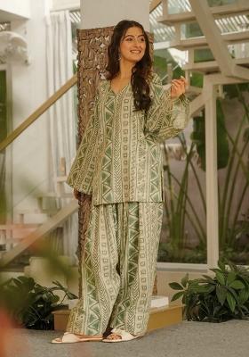 Green And White Printed Cotton Anarkali Set