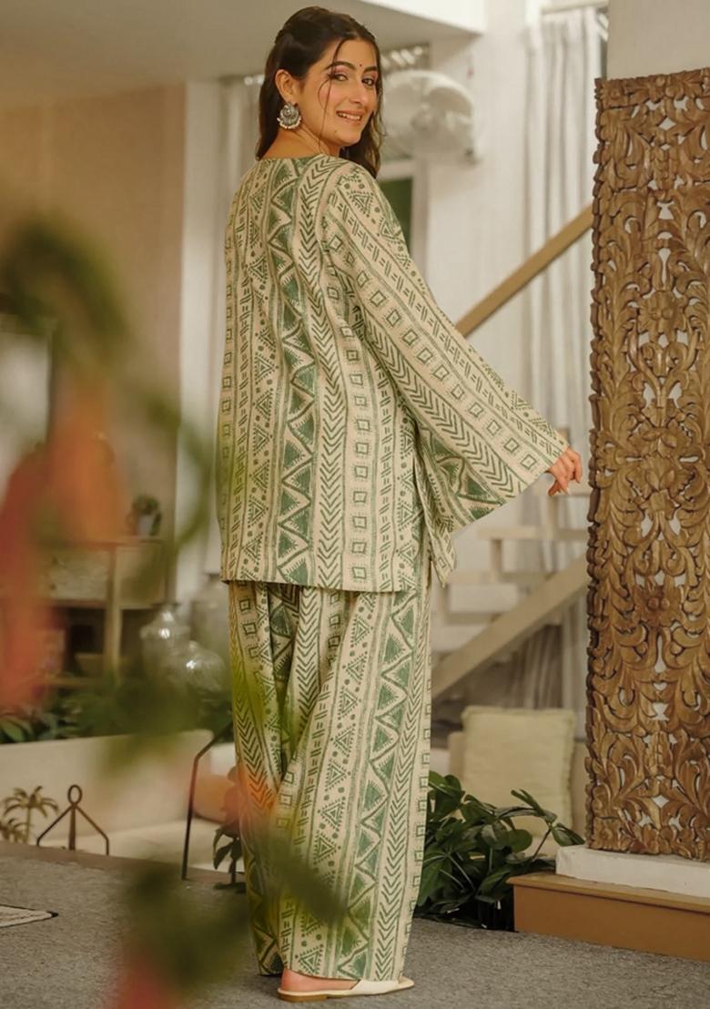 Green And White Printed Cotton Anarkali Set - Indya
