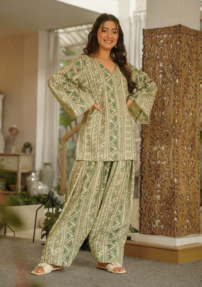 Green And White Printed Cotton Anarkali Set - Indya
