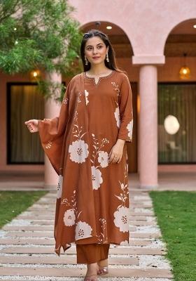 Coffee Embroidery Muslin Anarkali Set