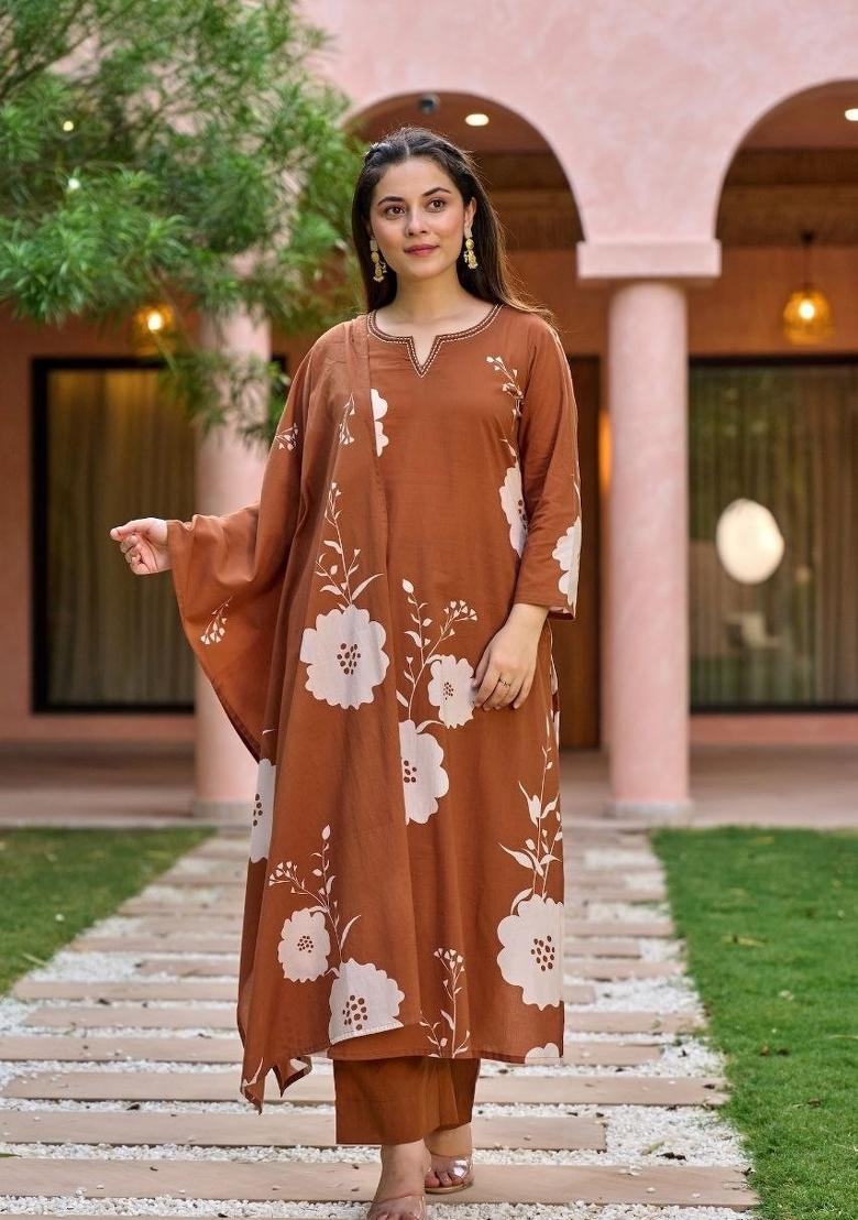 Coffee Embroidery Muslin Anarkali Set - Indya