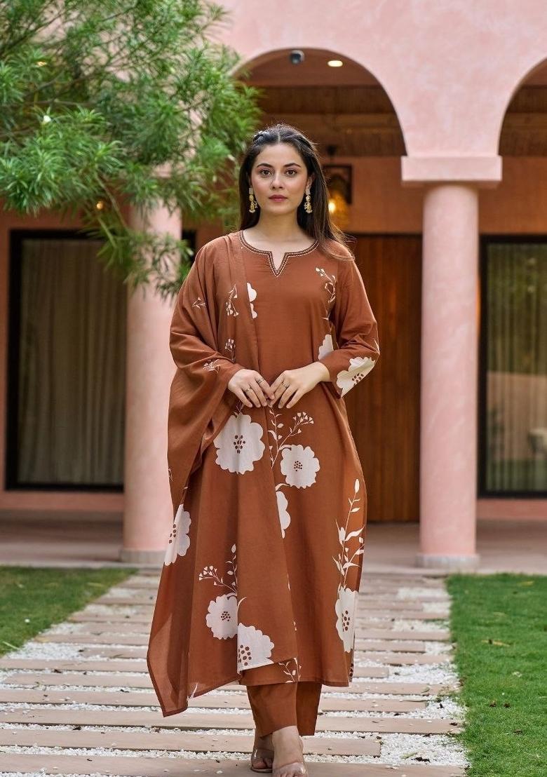 Coffee Embroidery Muslin Anarkali Set - Indya